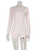 Ahagaga Casual Women Playsuits O-Neck Regular Long Sleeves Print Single Breasted Skinny Homewear Floral Sweet Femlae Rompers