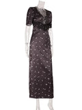 Ahagaga Eelgant Dresses For Women Patchwork Lace Floral V-Neck Short Sleeves Slim Fit Bodycon Trend Sheath Femlae Vestidos Robes