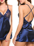 Women Sexy Satin Lace Nightdress Babydoll Lingerie V-Neck Sleeveless Sleepwear Pajama Dress