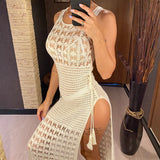 S- XL Sexy Hollow Out Fringe Tassel Knitted Crochet Tunic Beach Cover Up Cover-ups Beach Dress Beach Wear Beachwear Female V3800