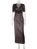 Ahagaga Eelgant Dresses For Women Patchwork Lace Floral V-Neck Short Sleeves Slim Fit Bodycon Trend Sheath Femlae Vestidos Robes