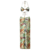 Women Tie-dye Printed Summer Party Club Halter Long Dress Backless Deep V Neck Sleeveless Bead Chain Bodycon Dresses