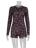 Ahagaga Casual Women Playsuits O-Neck Regular Long Sleeves Print Single Breasted Skinny Homewear Floral Sweet Femlae Rompers