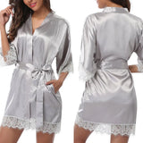 Women Iace Silk Pajamas Robes Sleepwear Nightgowns Half Sleeve Nightdress Black Lace Bathrobe Smooth Soft Comfortable Pure Color