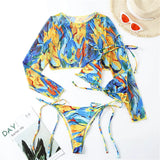 S- XXL Leopard Printed Long Sleeve Bikini Women Swimwear Female Swimsuit Three-Pieces Bikini Set Bather Bathing Suit Swim V3193Y