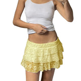 Women's Sexy Mini Skirt Floral Elastic Waist Layered Ruffle A-Line Skirt Casual Summer Solid Color Mini Skirts Streetwear