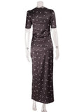 Ahagaga Eelgant Dresses For Women Patchwork Lace Floral V-Neck Short Sleeves Slim Fit Bodycon Trend Sheath Femlae Vestidos Robes