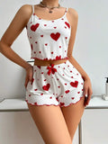 Women’s 2PCS Heart Print Pajama Set, Sleeveless Crop Top and Shorts, Soft Comfy Sleepwear Loungewear for Summer Nightwear