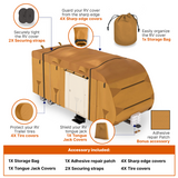 Lanceton Travel Trailer Camper RV Cover, 300D/160g Solution-Dyed Oxford Roof (Waterproof 2000mm, UV 50+), 6-Zipper Access System, Includes 4 Tire Covers, Jack Cover & 4 Gutter Guards