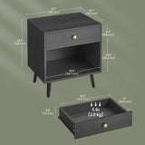 Mid-Century Farmhouse 1-Drawer Nightstand with Open Shelf in Black Wood Finish