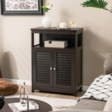 Brown Farmhouse Bathroom Linen Cabinet with Louvered Doors and Open Shelf