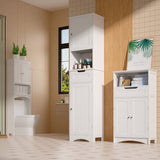 White Bathroom Linen Cabinet Tower with 2 Doors Storage Drawer and Shelf
