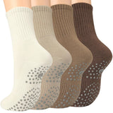 Toes Home Pilates Socks for Women with Non Slip Grippers, Yoga Crew Socks for Barre Hospital Sticky Slipper Socks 4 Pairs 6-10 Tan