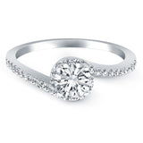 14k White Gold Bypass Swirl Diamond Halo Engagement Ring