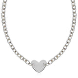 Sterling Silver Rhodium Plated Chain Bracelet with a Flat Heart Motif Station