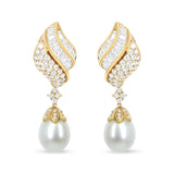 18k Yellow Gold 7.0 Cttw Baguette and Round Diamond South Sea Pearl Drop Dangle Clip-On Earrings (F-G Color, VS1-VS2 Clarity)