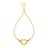 Adjustable Bracelet with Shiny Open Heart in 14k Yellow Gold