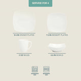16 Pieces - White Square Porcelain Dinnerware Set - Service for 4