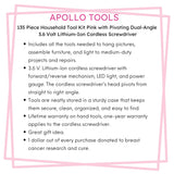 135 Piece Household Tool Kit Pink with Pivoting Dual-Angle 3.6 Volt Lithium-Ion Cordless Screwdriver - DT0773N1