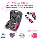 3.6 Volt Lithium-Ion Rechargeable Screwdriver with 45 Piece Accessory Set - Pink DT4944P