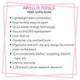 Ergonomic Stainless Steel, Lightweight, Foldable Pink Utility Knife with Carabiner Clip and Fast-Change Blade - DT5017P