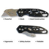 Ergonomic Stainless Steel, Lightweight, Foldable Black Utility Knife with Carabiner Clip and Fast-Change Blade - DT5017