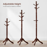 Adjustable Height Solid Wood Coat Rack with 10 Hooks in Dark Brown Finish