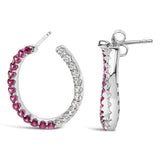 Sterling Silver Lab Created Ruby and White Sapphire Hoop Earrings