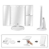 Floor Mount Tri-Fold Lighted Vanity Mirror with 21 LED Lights, Touch Screen and 3X/2X/1X Magnification, Two Power Supply Modes Make Up Mirror,Travel Mirror White
