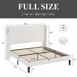 Full size White Velvet Upholstered Platform Bed Frame with Wingback Headboard
