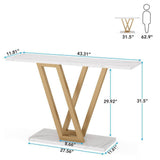Modern Industrial Console Table with Faux White Marble Top and Gold Frame