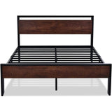 Full Metal Platform Bed Frame with Mahogany Wood Panel Headboard Footboard