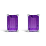 14K White Gold 6x4MM Emerald Shaped Amethyst Solitaire Stud Earrings