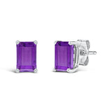 14K White Gold 6x4MM Emerald Shaped Amethyst Solitaire Stud Earrings