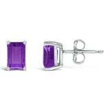 14K White Gold 6x4MM Emerald Shaped Amethyst Solitaire Stud Earrings