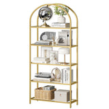 Modern Gold Metal Arched Top Display Rack Bookcase with 5 Glass Storage Shelves