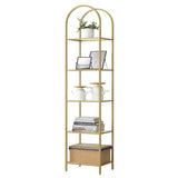 Arched Top Gold Metal Display Rack Narrow Bookcase with 5 Glass Storage Shelves