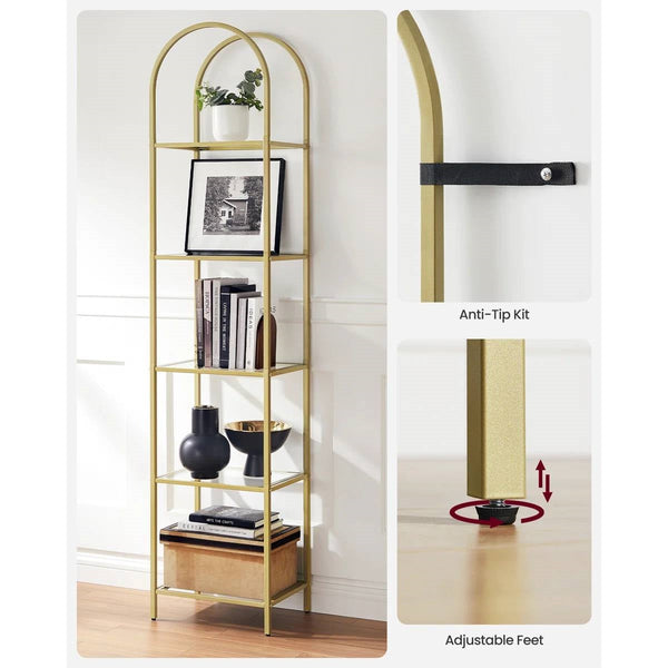 Golden Metal Racks Arched Top Gold Metal Display Rack Narrow Bookcase with 5 Glass Storag ...