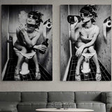 Girl Sitting On Toilet Smoking and Drinking Canvas Wall Art | 3CARATS