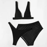 ZTVitality Black Ribbed Three Pieces Bikini 2025 New Padded High Cut Mesh Swimsuit Female Swimwear Women Beach Brazilian Biquini