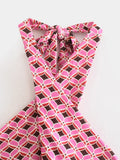 Foridol Geometric Print Summer summer Backless Jumpsuit Sleeveless Halter Wide Leg Pink Pants Overalls Front Cut Retro Jumpsuit