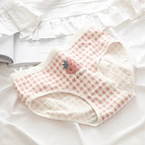 1 Pack Cute Bear & Strawberry Print Cotton Mid-Rise Panties Women's Comfort Underwear M-XL Grid & Striped Print Lingerie