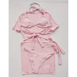 XS - L Ribbed Halter Bikini Women Swimwear Female Swimsuit Four-pieces Bikini set With Sarong Bather Bathing Suit Swim V3152B