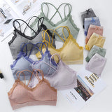 Gingham Lace Trim Bralette & Panty Set Push-Up Bra Plaid Lace Trim Lingerie Set Cross-Back Wireless Women's Underwear Set
