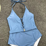 2025 Sexy Lace Up Halter Female Swimwear One Piece Swimsuit Women Backless Monokini with Waist Belt Bathing Suit Swim Bodysuit