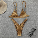 Ribbed Metallic Velvet Bikini Women Swimsuit Female Thong Swimwear Two Pieces Bikini Set High Cut Bathing Suit Swim Beachwear
