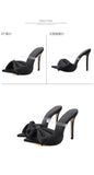 2025 Silk Butterfly Knot Women PVC Slippers Mule 11cm High Heels Slippers Luxury Sandals Pointed Toe Strappy Slides Party Shoes
