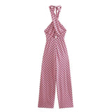 Foridol Geometric Print Summer summer Backless Jumpsuit Sleeveless Halter Wide Leg Pink Pants Overalls Front Cut Retro Jumpsuit