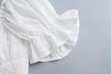 Foridol White Lace Summer Dress for Women Flower Embriodery Cotton Mini Dress Puff Sleeve Lace Up Ruffles Short Beach Dress