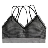 Gingham Lace Cross-Back Bralette Wireless Wrap Bra Sexy Lingerie Stretchy Beauty Cross Back Underwear Plaid Lace Trim Tube Bra